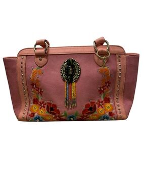 Montana West Pink Floral Embroidered Tote with Beaded Medallion
